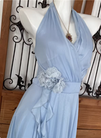 Elegant Light Blue A-Line Halter V-Neck 3D Floral Chiffon Long Prom Dress Evening Dress