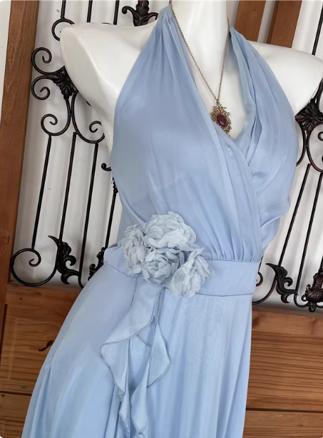 Elegant Light Blue A-Line Halter V-Neck 3D Floral Chiffon Long Prom Dress Evening Dress