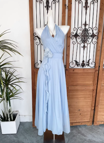 Elegant Light Blue A-Line Halter V-Neck 3D Floral Chiffon Long Prom Dress Evening Dress