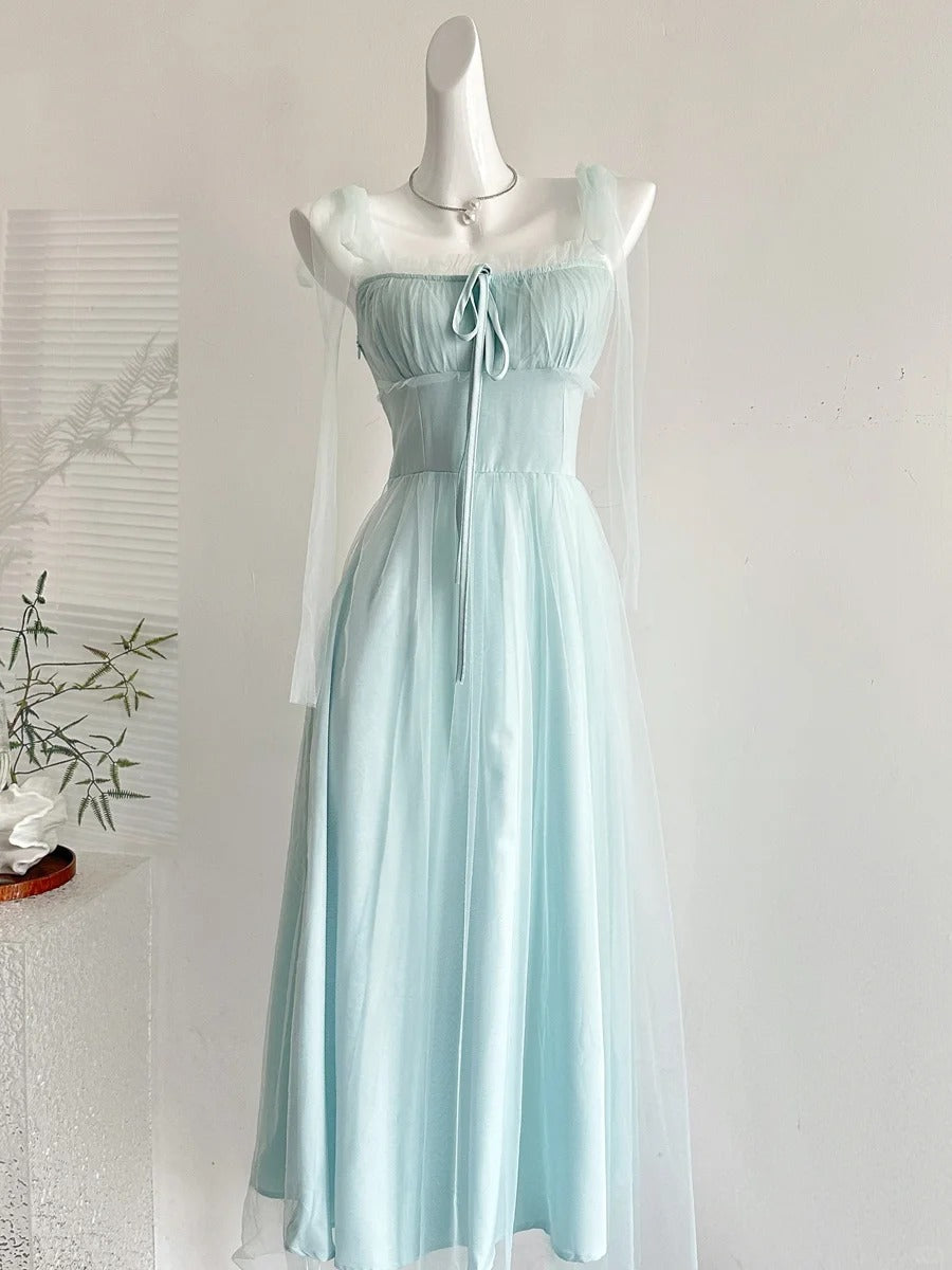 Elegant Light Blue A-Line Square Neck Tulle Long Prom Dress Evening Dress Bridesmaid Dress