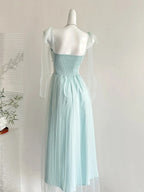 Elegant Light Blue A-Line Square Neck Tulle Long Prom Dress Evening Dress Bridesmaid Dress