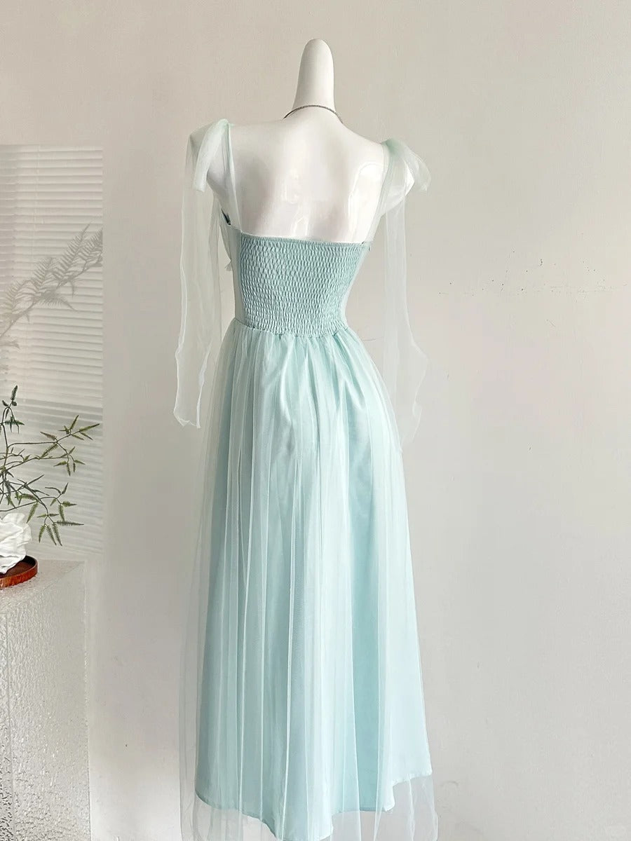Elegant Light Blue A-Line Square Neck Tulle Long Prom Dress Evening Dress Bridesmaid Dress