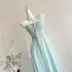 Elegant Light Blue A-Line Square Neck Tulle Long Prom Dress Evening Dress Bridesmaid Dress