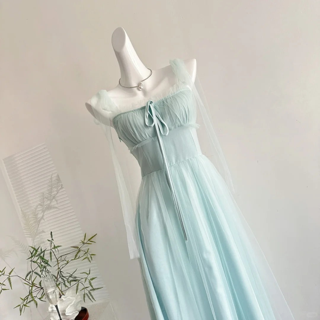 Elegant Light Blue A-Line Square Neck Tulle Long Prom Dress Evening Dress Bridesmaid Dress