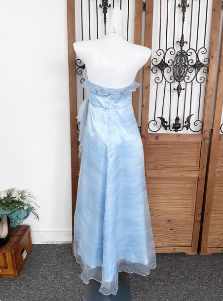 Elegant Light Blue A-Line Strapless Ruffled Tulle Long Prom Dress Evening Dress Secondary image