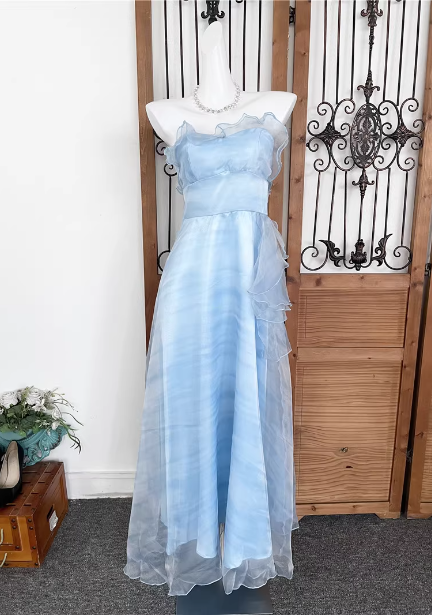Elegant Light Blue A-Line Strapless Ruffled Tulle Long Prom Dress Evening Dress