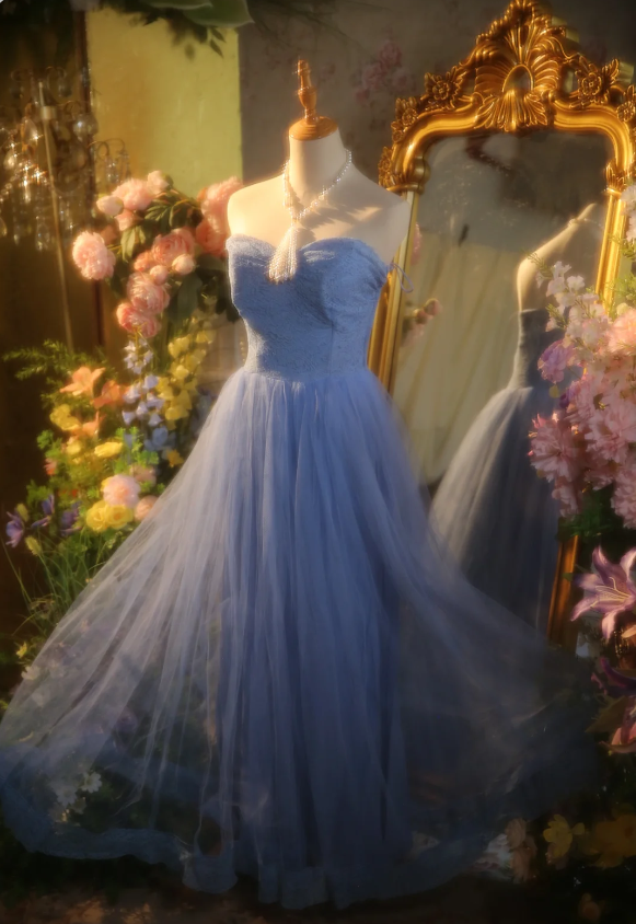 Elegant Light Blue A-Line Sweetheart Neckline Lace Tulle Long Prom Dress Evening Dress