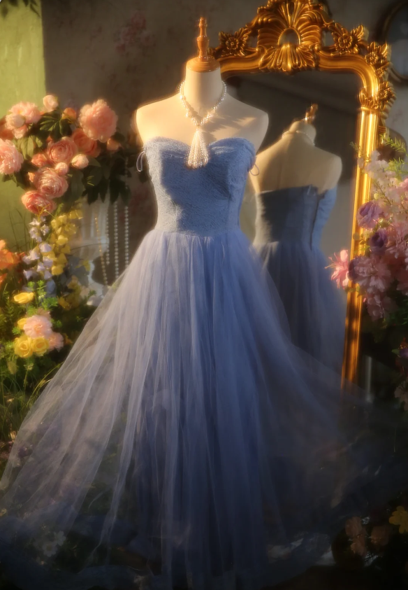 Elegant Light Blue A-Line Sweetheart Neckline Lace Tulle Long Prom Dress Evening Dress