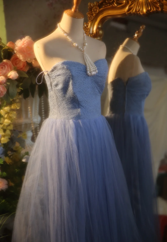 Elegant Light Blue A-Line Sweetheart Neckline Lace Tulle Long Prom Dress Evening Dress