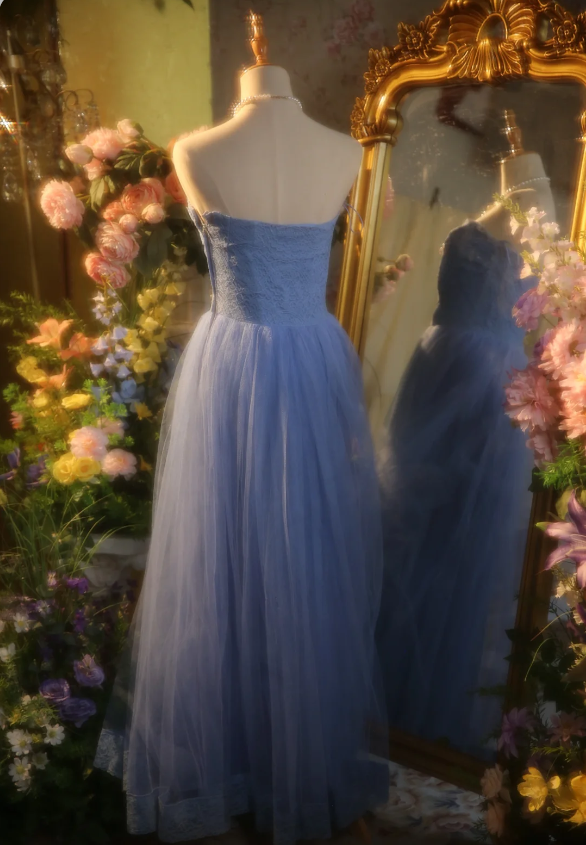 Elegant Light Blue A-Line Sweetheart Neckline Lace Tulle Long Prom Dress Evening Dress