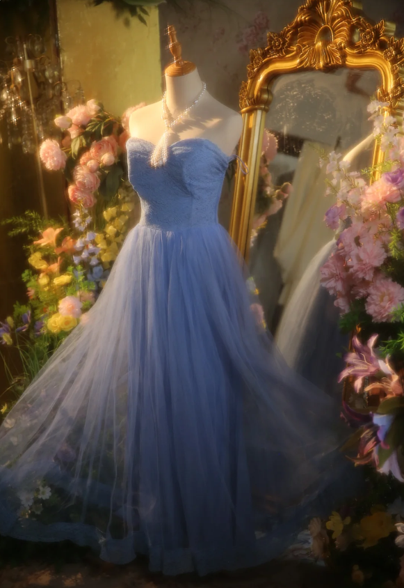 Elegant Light Blue A-Line Sweetheart Neckline Lace Tulle Long Prom Dress Evening Dress