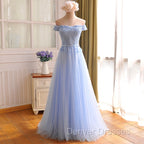 Elegant Light Blue Lace Applique Top Long Party Dress, Off Shoulder Bridesmaid Dress