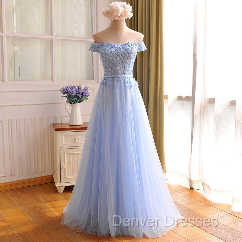 Elegant Light Blue Lace Applique Top Long Party Dress, Off Shoulder Bridesmaid Dress