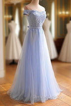Elegant Light Blue Lace Applique Top Long Party Dress, Off Shoulder Bridesmaid Dress
