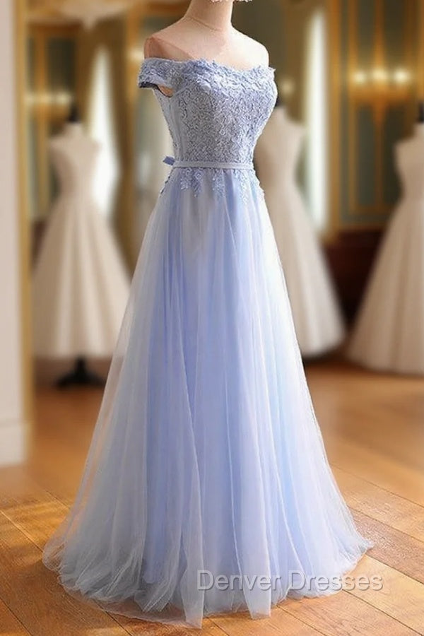 Elegant Light Blue Lace Applique Top Long Party Dress, Off Shoulder Bridesmaid Dress