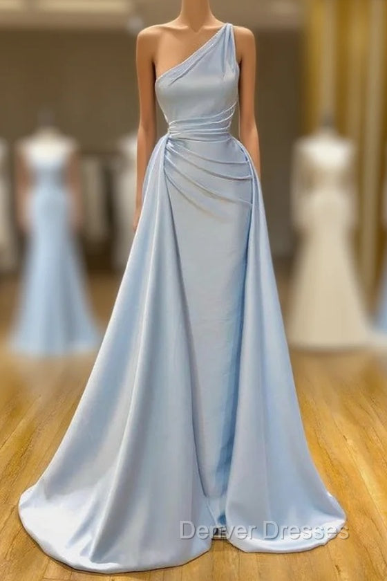 Elegant Light Blue One-shoulder Overskirt Soft-pleated Prom Dress Main image
