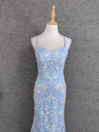 Elegant Light Blue Square Neck Spaghetti Strap Mermaid Sequin Tulle Long Prom Dress Evening Dress