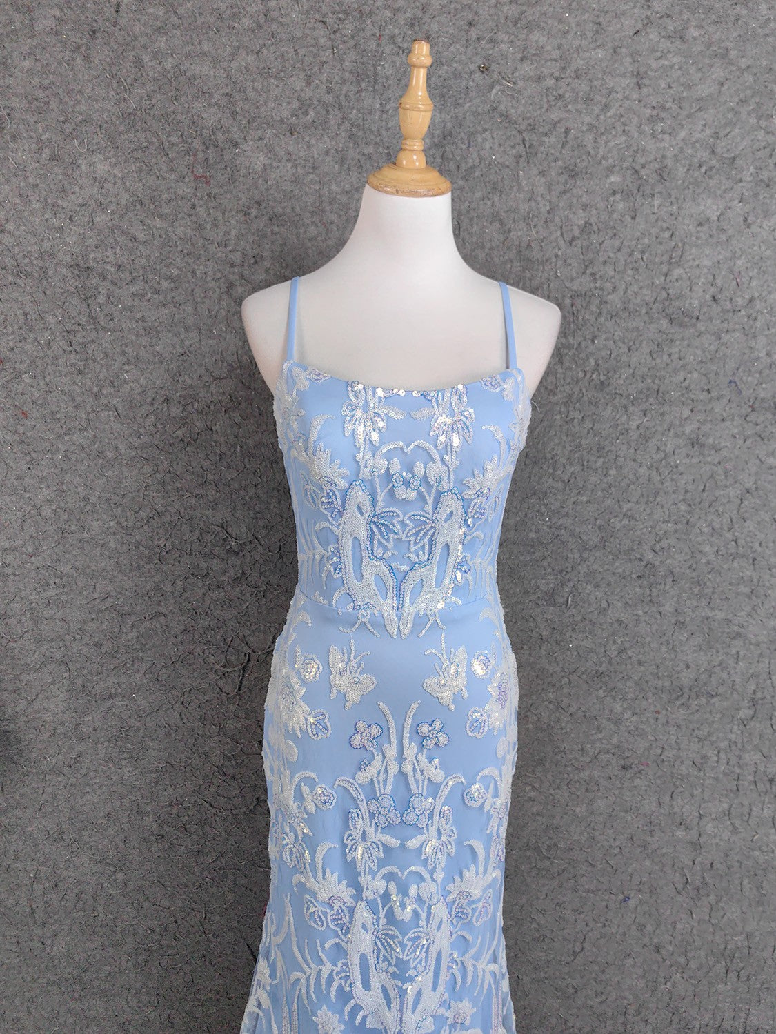 Elegant Light Blue Square Neck Spaghetti Strap Mermaid Sequin Tulle Long Prom Dress Evening Dress