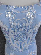 Elegant Light Blue Square Neck Spaghetti Strap Mermaid Sequin Tulle Long Prom Dress Evening Dress