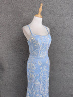 Elegant Light Blue Square Neck Spaghetti Strap Mermaid Sequin Tulle Long Prom Dress Evening Dress