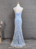 Elegant Light Blue Square Neck Spaghetti Strap Mermaid Sequin Tulle Long Prom Dress Evening Dress