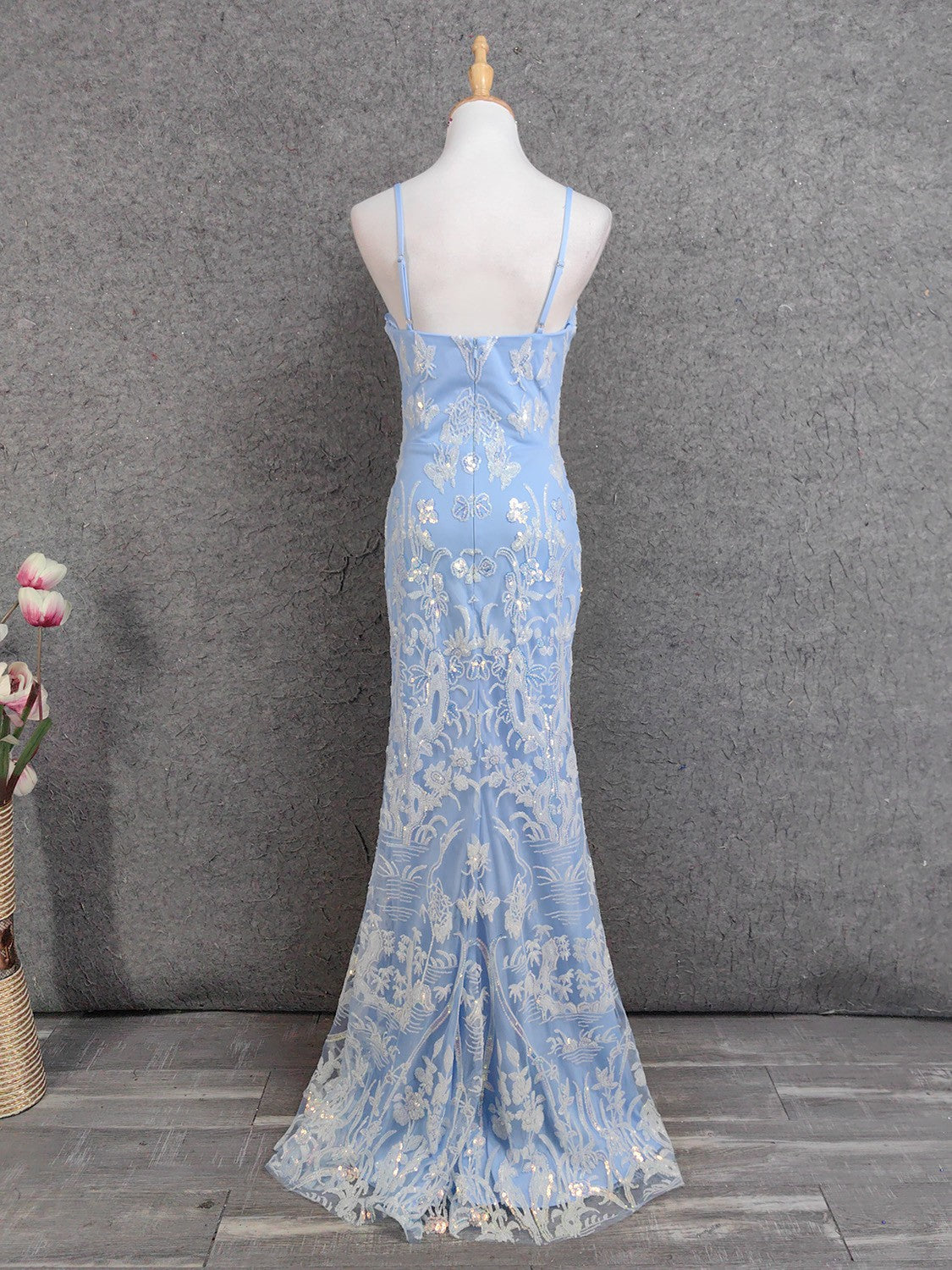 Elegant Light Blue Square Neck Spaghetti Strap Mermaid Sequin Tulle Long Prom Dress Evening Dress