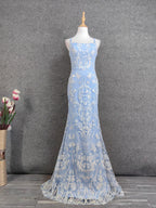 Elegant Light Blue Square Neck Spaghetti Strap Mermaid Sequin Tulle Long Prom Dress Evening Dress