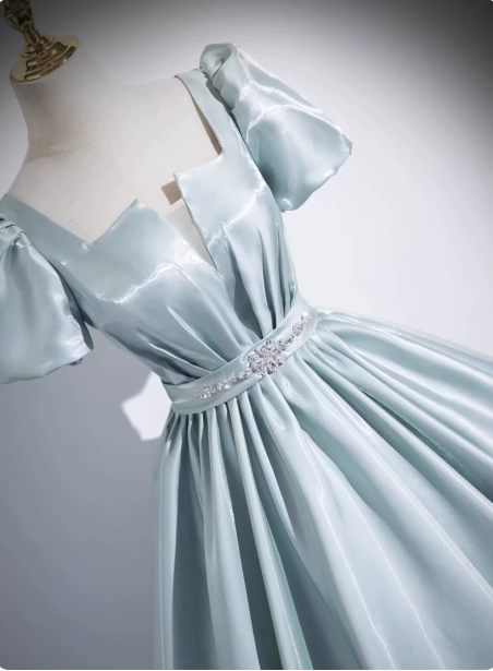Elegant Light Cyan Square Neck Short Sleeve Satin Long Prom Dress Evening Dress