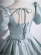 Elegant Light Cyan Square Neck Short Sleeve Satin Long Prom Dress Evening Dress