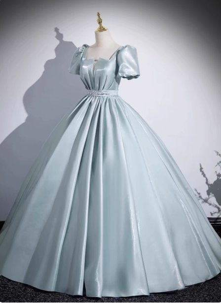 Elegant Light Cyan Square Neck Short Sleeve Satin Long Prom Dress Evening Dress