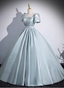 Elegant Light Cyan Square Neck Short Sleeve Satin Long Prom Dress Evening Dress