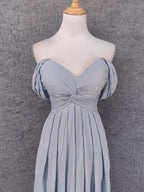 Elegant Light Gray A-Line Off-Shoulder Twist Ruffled Chiffon Long Prom Dress Evening Dress Bridesmaid Dress