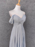 Elegant Light Gray A-Line Off-Shoulder Twist Ruffled Chiffon Long Prom Dress Evening Dress Bridesmaid Dress