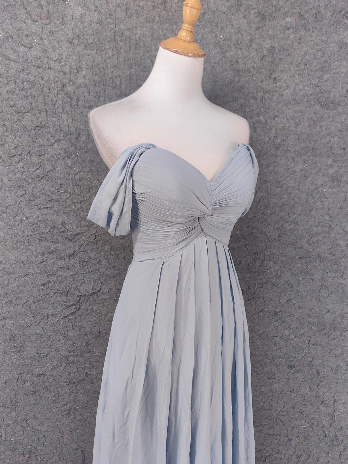 Elegant Light Gray A-Line Off-Shoulder Twist Ruffled Chiffon Long Prom Dress Evening Dress Bridesmaid Dress