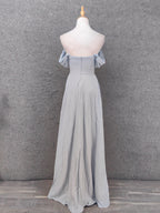 Elegant Light Gray A-Line Off-Shoulder Twist Ruffled Chiffon Long Prom Dress Evening Dress Bridesmaid Dress