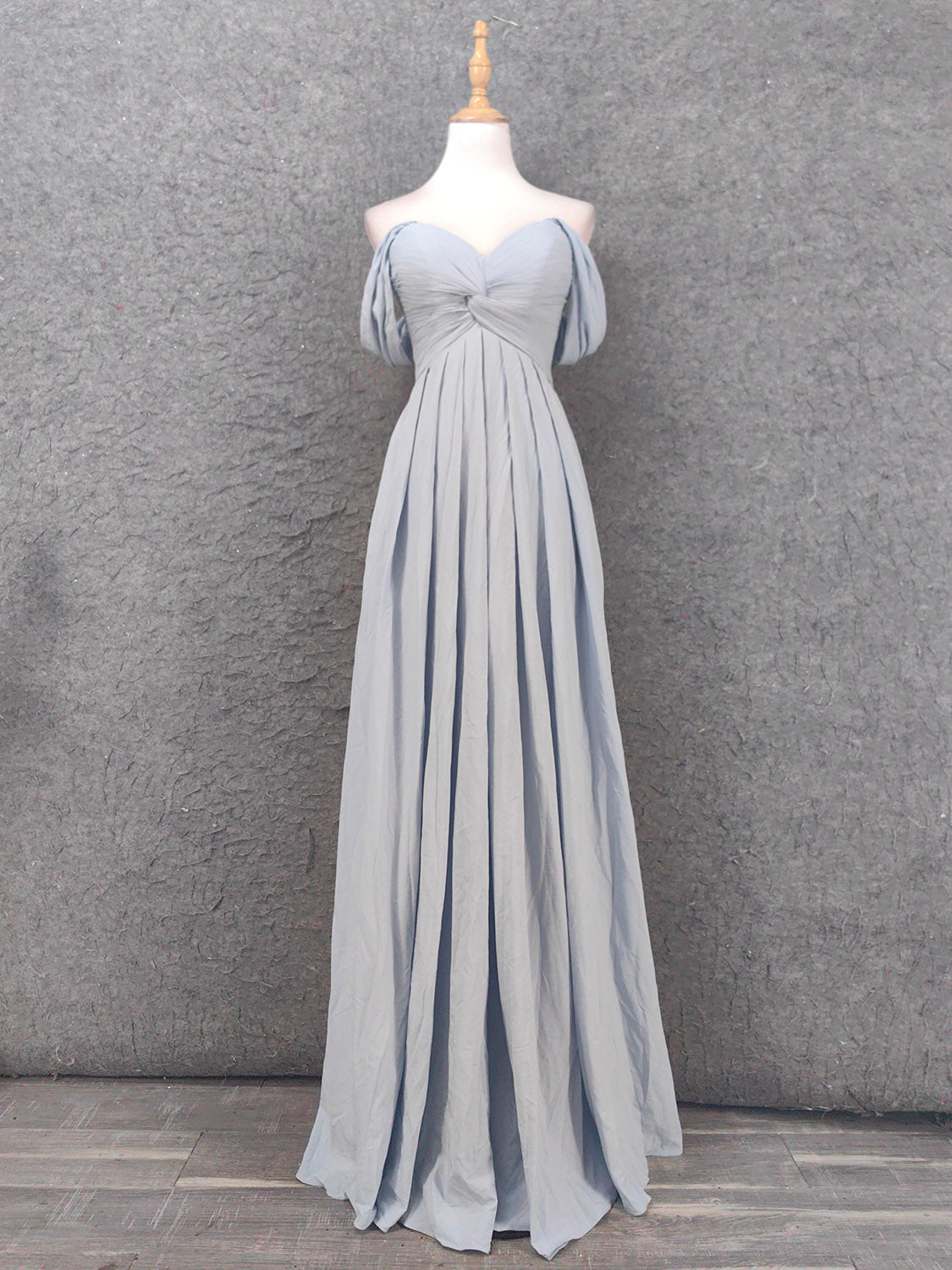 Elegant Light Gray A-Line Off-Shoulder Twist Ruffled Chiffon Long Prom Dress Evening Dress Bridesmaid Dress Main image