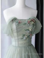 Elegant Light Green A-Line Tulle Off The Shoulder Long Prom Dress Evening Dress,