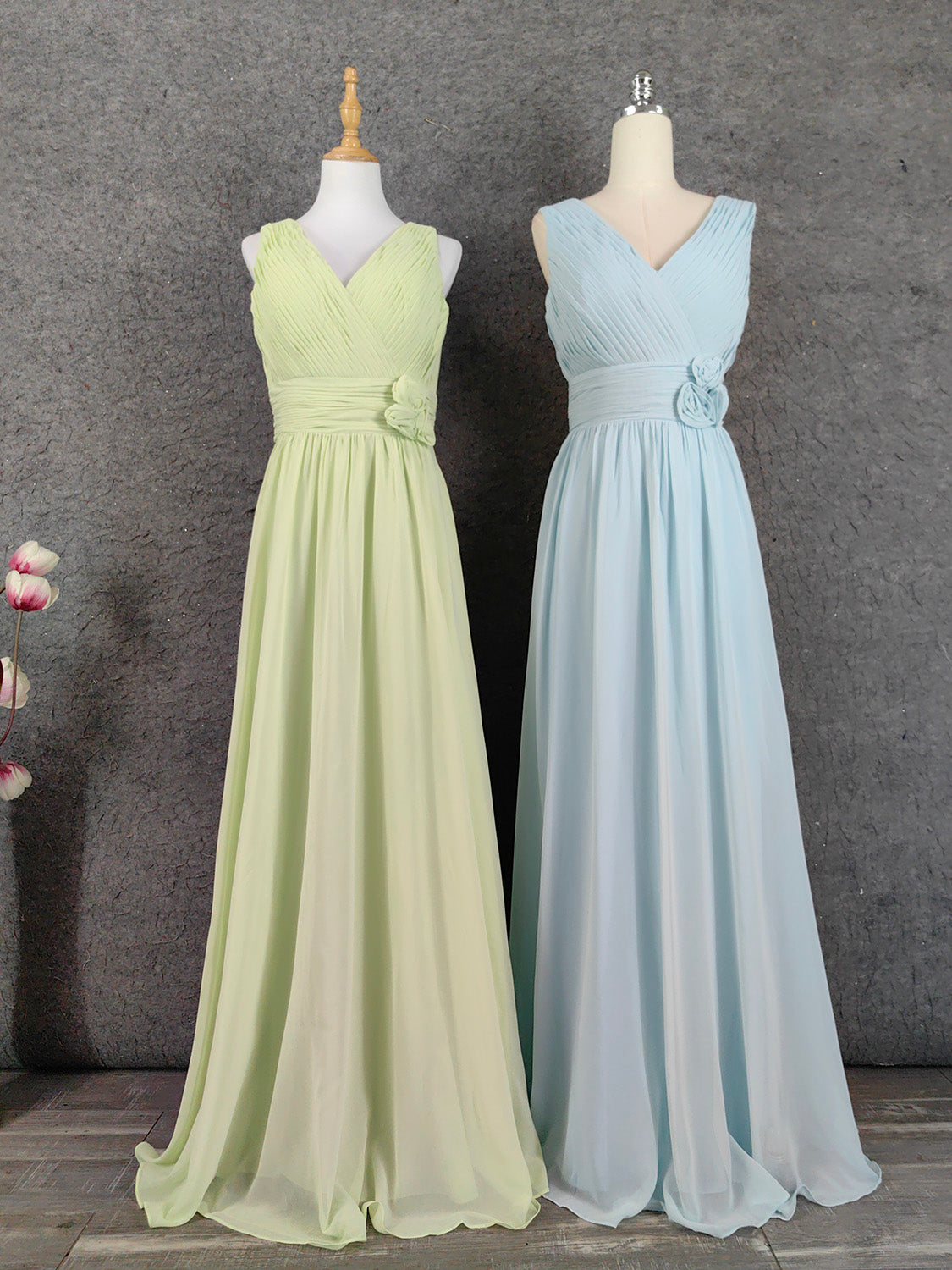 Elegant Light Green A-Line V-Neck Sleeveless Ruffled Chiffon Long Prom Dress Evening Dress