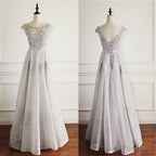 Elegant Light Grey Cap Sleeve Lac Prints Organza Appliques  A-Line Lace Up Back Floor Length Bridesmaid Dresses,