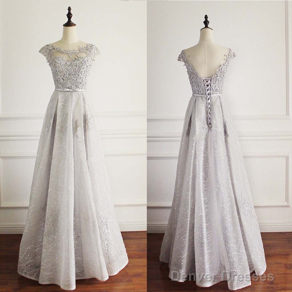 Elegant Light Grey Cap Sleeve Lac Prints Organza Appliques  A-Line Lace Up Back Floor Length Bridesmaid Dresses,
