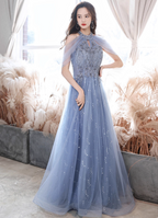 Elegant Light Haze Blue A-Line Halter Cold Shoulder Tulle Long Prom Dress Evening Dress