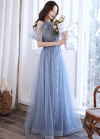 Elegant Light Haze Blue A-Line Halter Cold Shoulder Tulle Long Prom Dress Evening Dress