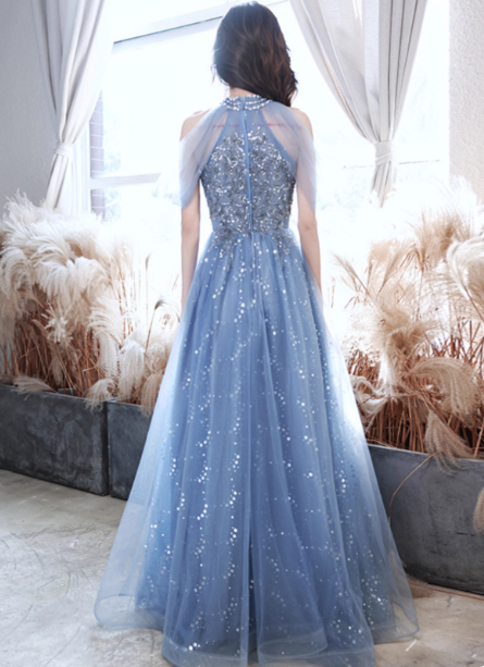 Elegant Light Haze Blue A-Line Halter Cold Shoulder Tulle Long Prom Dress Evening Dress