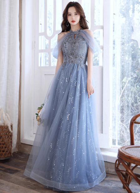 Elegant Light Haze Blue A-Line Halter Cold Shoulder Tulle Long Prom Dress Evening Dress