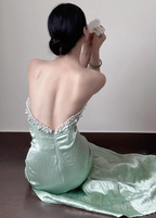 Elegant Light Mint Green Mermaid Sweetheart Neck Pearl Backless Shiny Satin Train Prom Dress Evening Dress