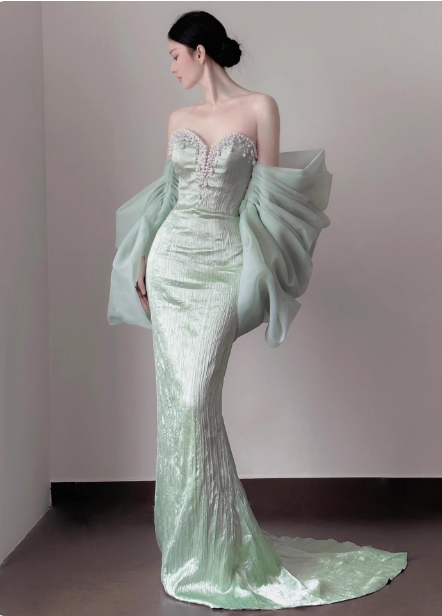 Elegant Light Mint Green Mermaid Sweetheart Neck Pearl Backless Shiny Satin Train Prom Dress Evening Dress