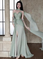 Elegant Light Mint Green Sweetheart Neck 3D Floral Split Chiffon Prom Dress Evening Dress