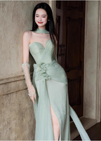 Elegant Light Mint Green Sweetheart Neck 3D Floral Split Chiffon Prom Dress Evening Dress