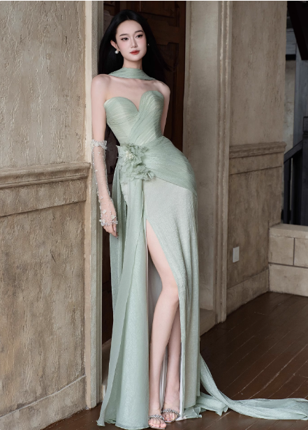 Elegant Light Mint Green Sweetheart Neck 3D Floral Split Chiffon Prom Dress Evening Dress Main image