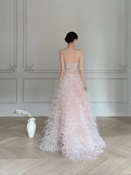 Elegant Light Pink A-Line Strapless Feather Long Prom Dress Evening Dress